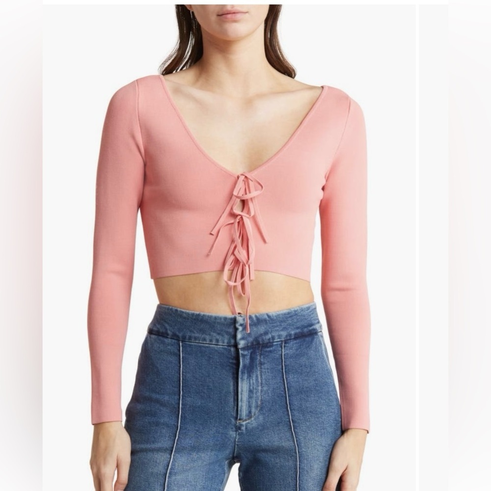 Alice + Olivia Sharee Pink Crop Top Tie Front Long Sleeve Fitted Knit Rose NWT L